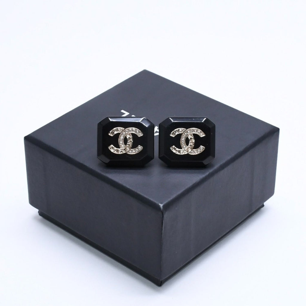 Chanel Earrings CC Logo Black Silver
