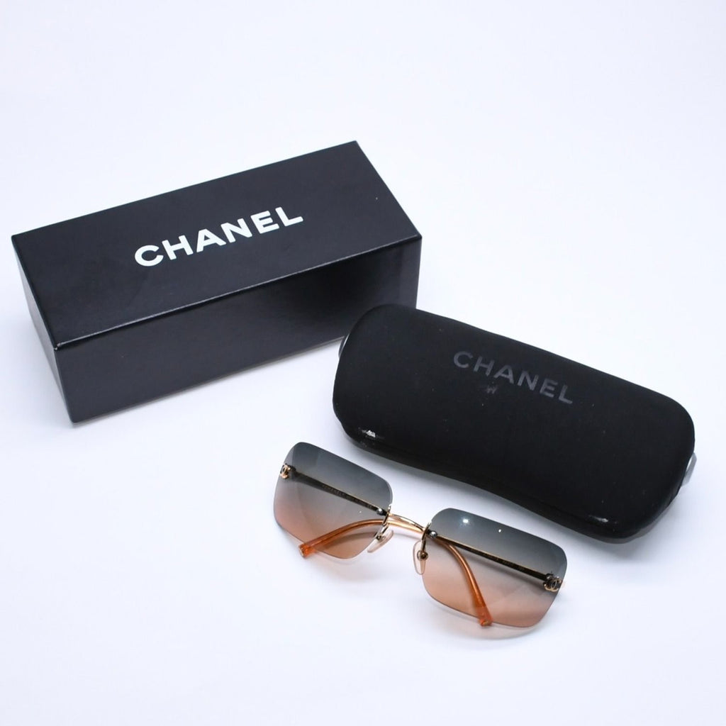 Chanel Rimless Sunglasses Gradation Orange Blue Gold Frame Eyewear