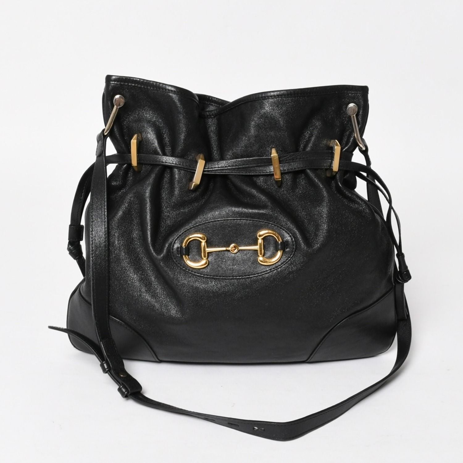 Gucci Horsebit Shoulder Bag Black Gold Leather