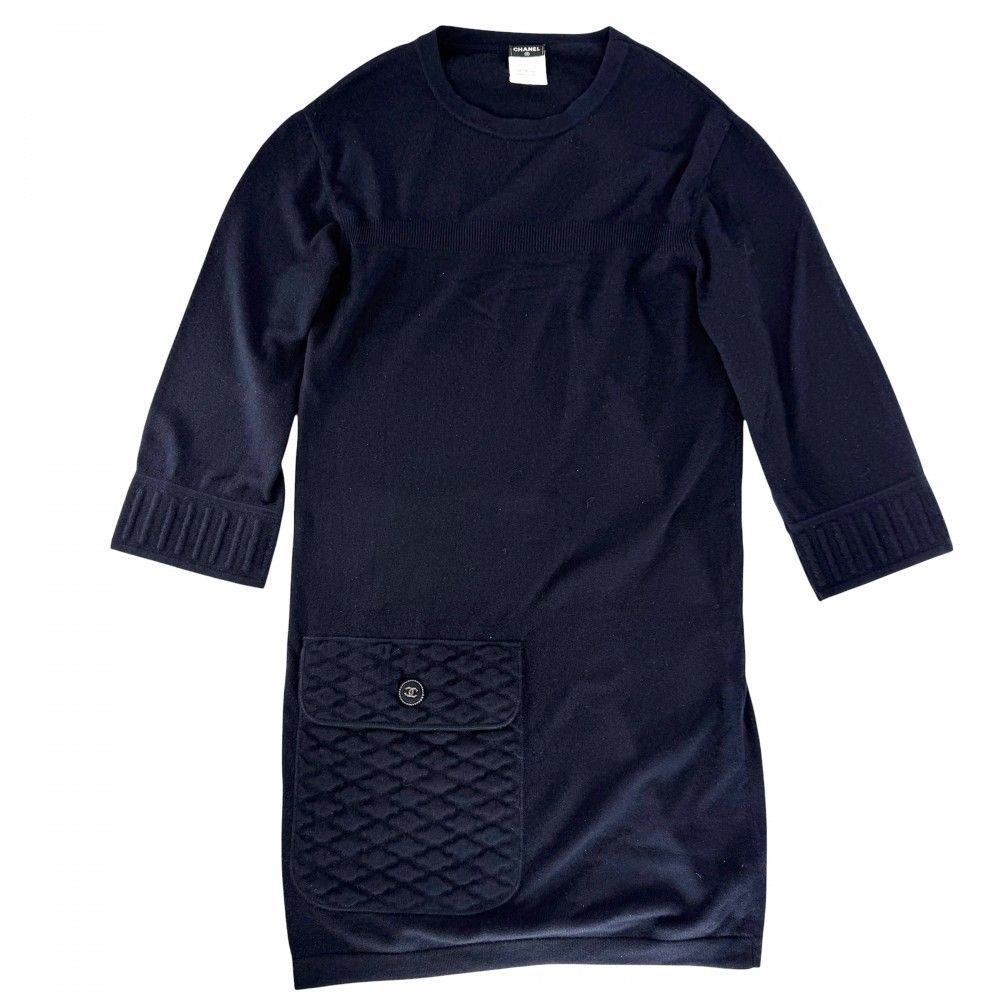 Chanel Dress Coco Button Knit Long Sleeve Pocket 36 Navy Cashmere Nylon Spandex