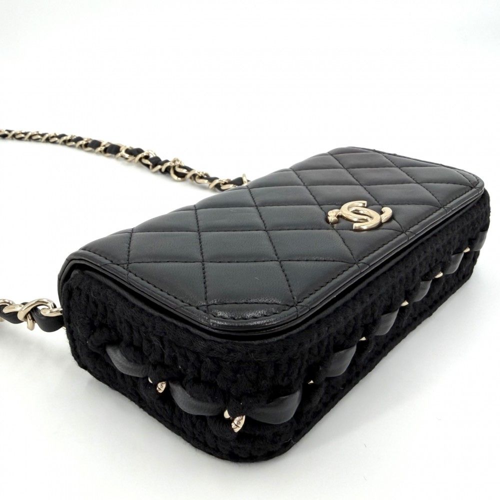 Chanel Shoulder Bag Quilted Flap Chain Knit Crossbody CC Logo Lambskin Black — view 3