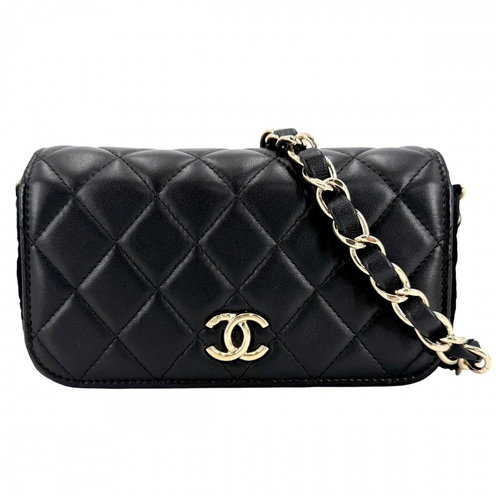 Chanel Shoulder Bag Quilted Flap Chain Knit Crossbody CC Logo Lambskin Black