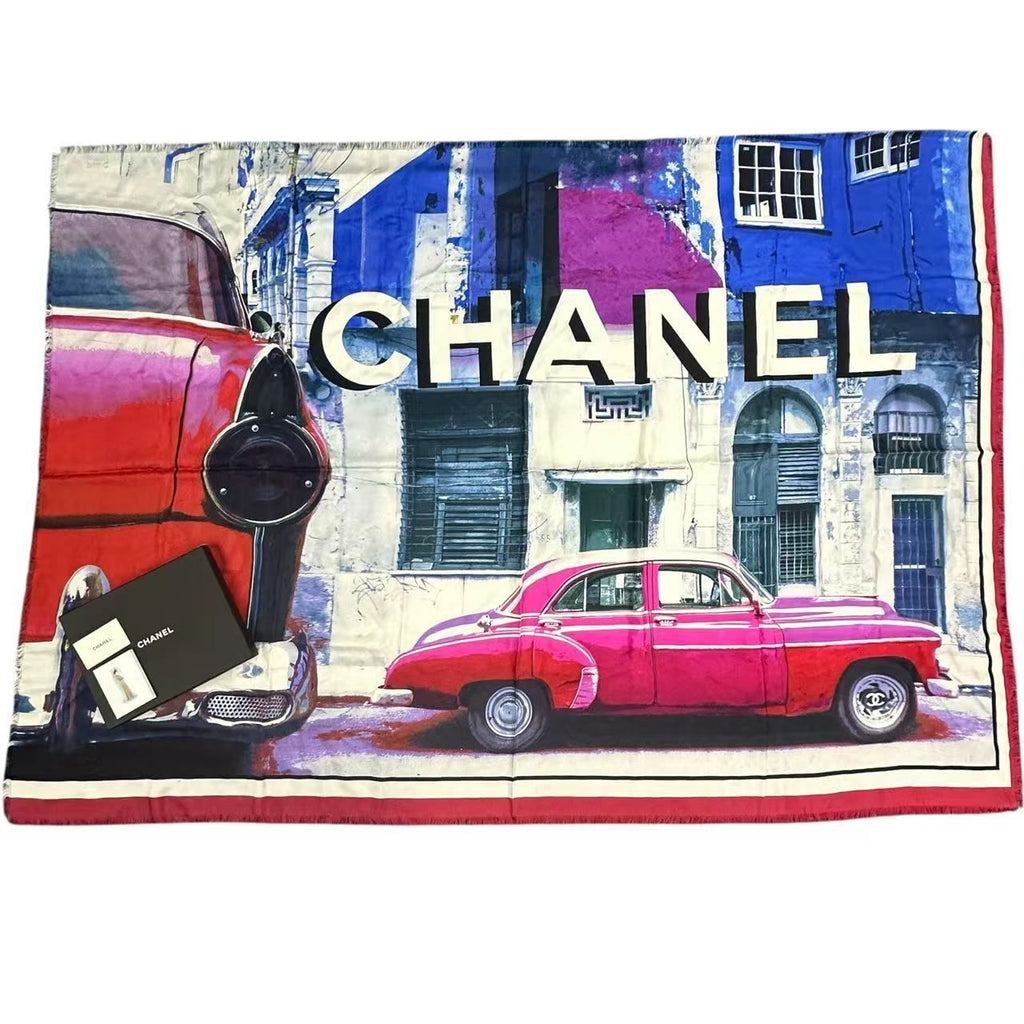 Chanel Scarf Large Silk Logo Car Print Pattern Multicolor