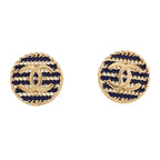 Chanel Border Chain CC Logo Earrings Round Stud Metal Enamel Navy