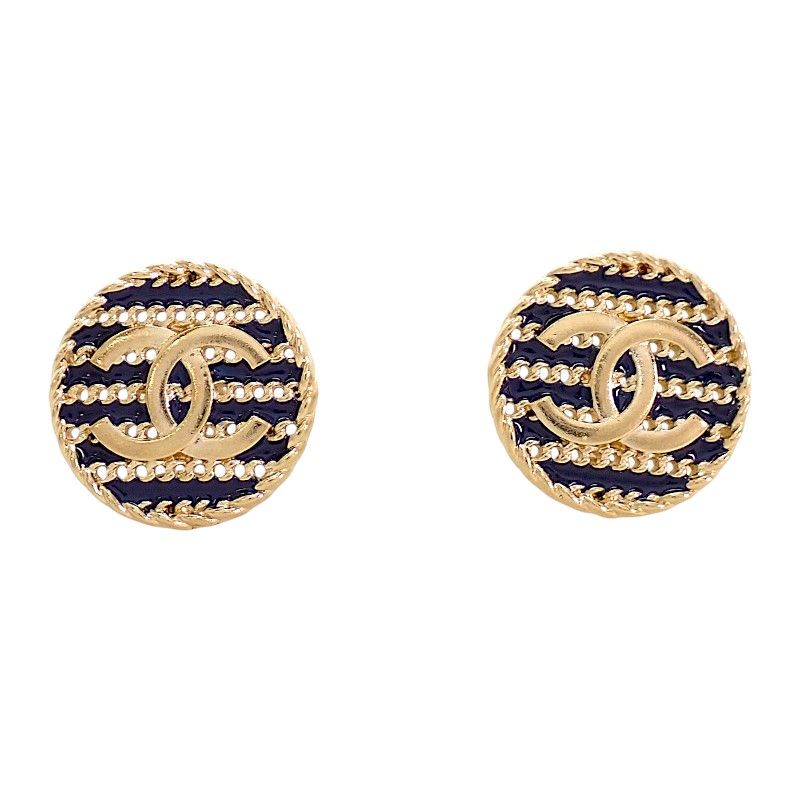 Chanel Border Chain CC Logo Earrings Round Stud Metal Enamel Navy