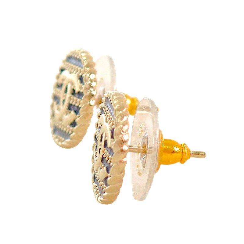 Chanel Border Chain CC Logo Earrings Round Stud Metal Enamel Navy — view 3