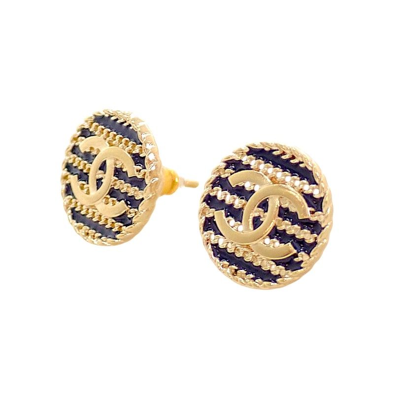 Chanel Border Chain CC Logo Earrings Round Stud Metal Enamel Navy — view 2