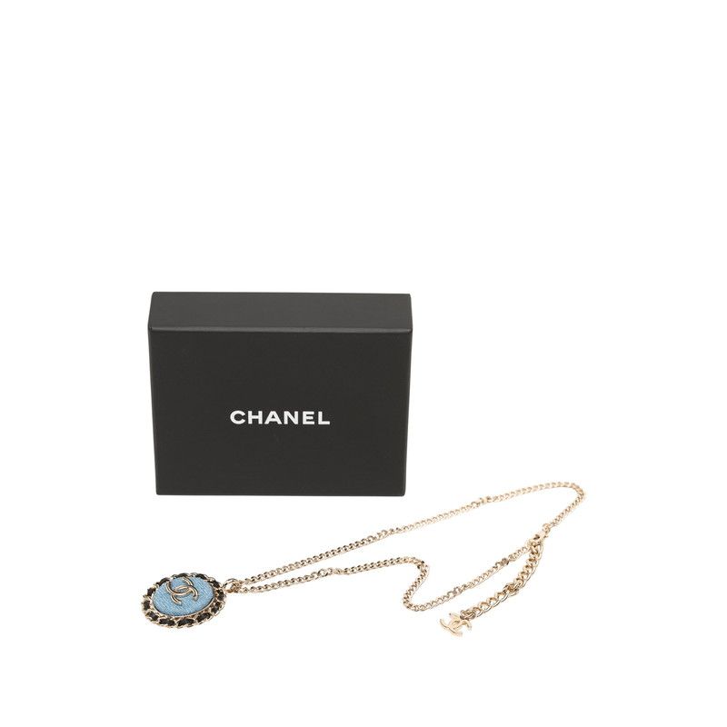 Chanel CC Logo Chain Necklace Gold Blue Black Plated Leather Denim — view 7