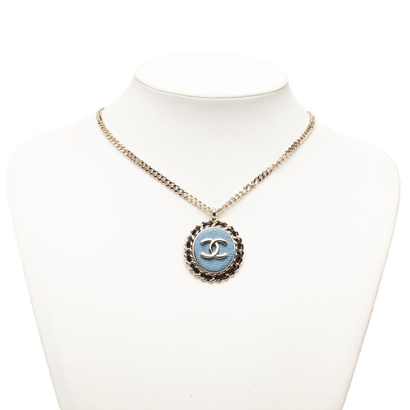 Chanel CC Logo Chain Necklace Gold Blue Black Plated Leather Denim — view 6