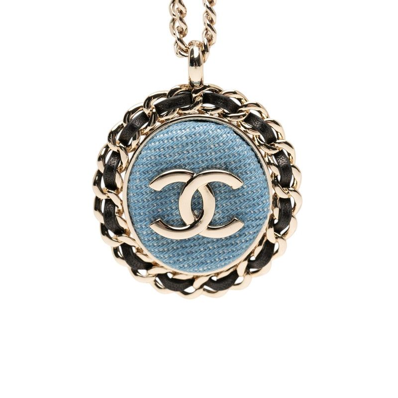 Chanel CC Logo Chain Necklace Gold Blue Black Plated Leather Denim