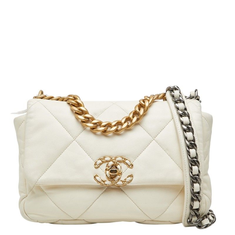 Chanel CC Logo 19 Chain Shoulder Bag White Lambskin