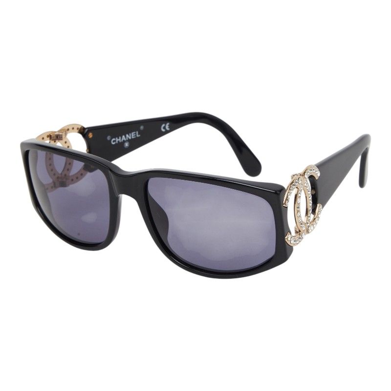 Chanel CC Logo Sunglasses Black Gold Acetate Rhinestone Eyewear