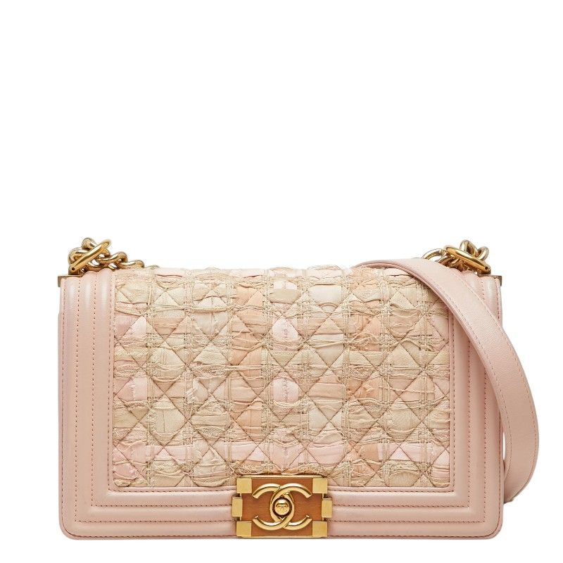 Chanel CC Logo Boy Chain Shoulder Bag Pink Lambskin Tweed