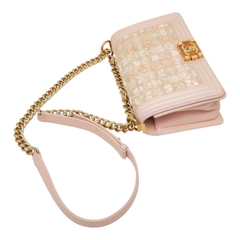 Chanel CC Logo Boy Chain Shoulder Bag Pink Lambskin Tweed — view 8