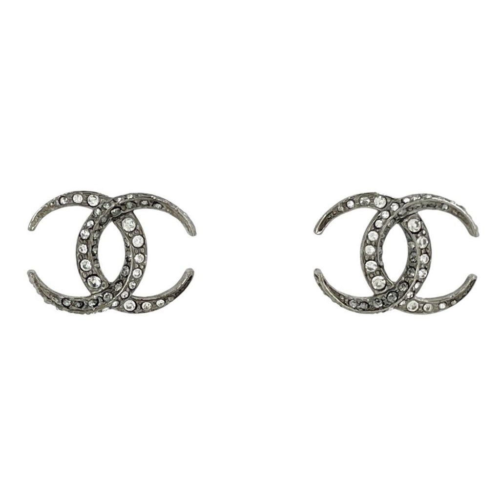 Chanel Earrings CC Logo Silver Plated Rhinestone