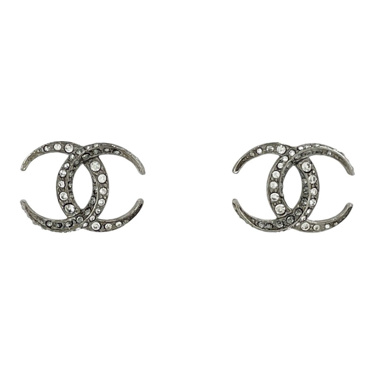 Chanel Earrings CC Logo Silver Plated Rhinestone