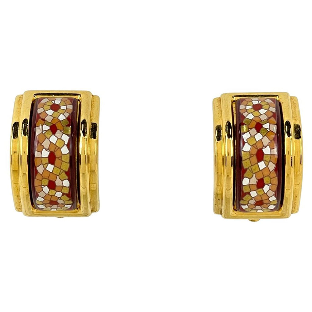 Hermes Enamel Earrings Cloisonne Gold Plated Brown