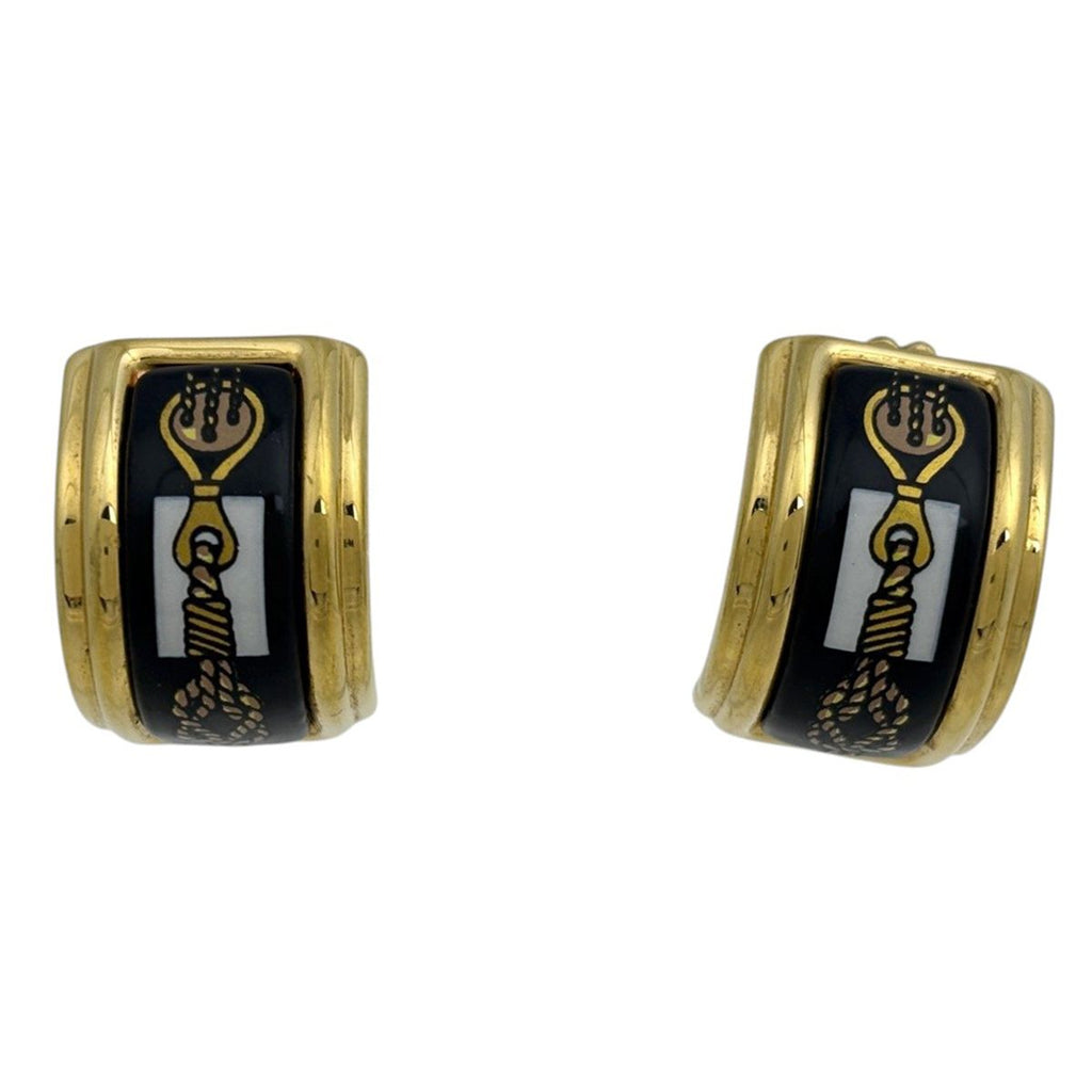 Hermes Earrings Enamel Cloisonne Gold Plated Black