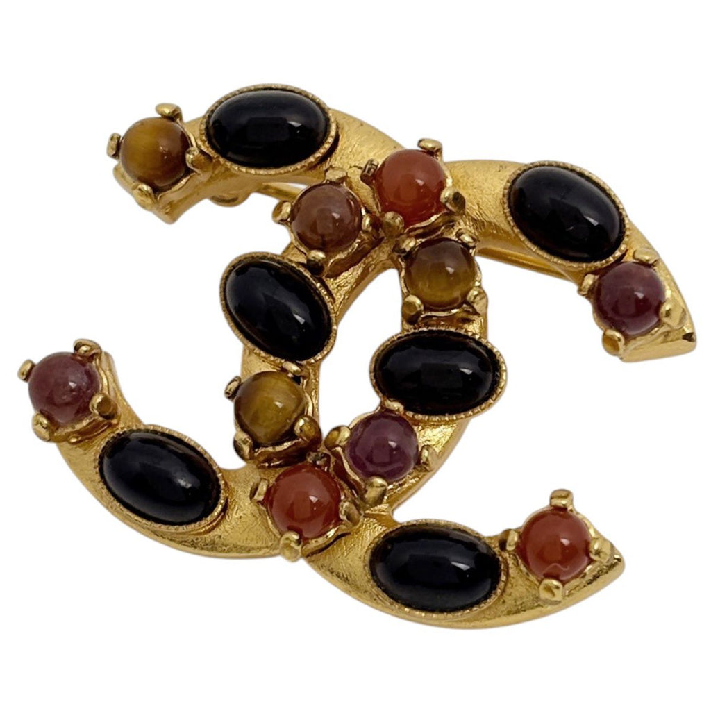 Chanel Brooch CC Logo Color Stone Gold