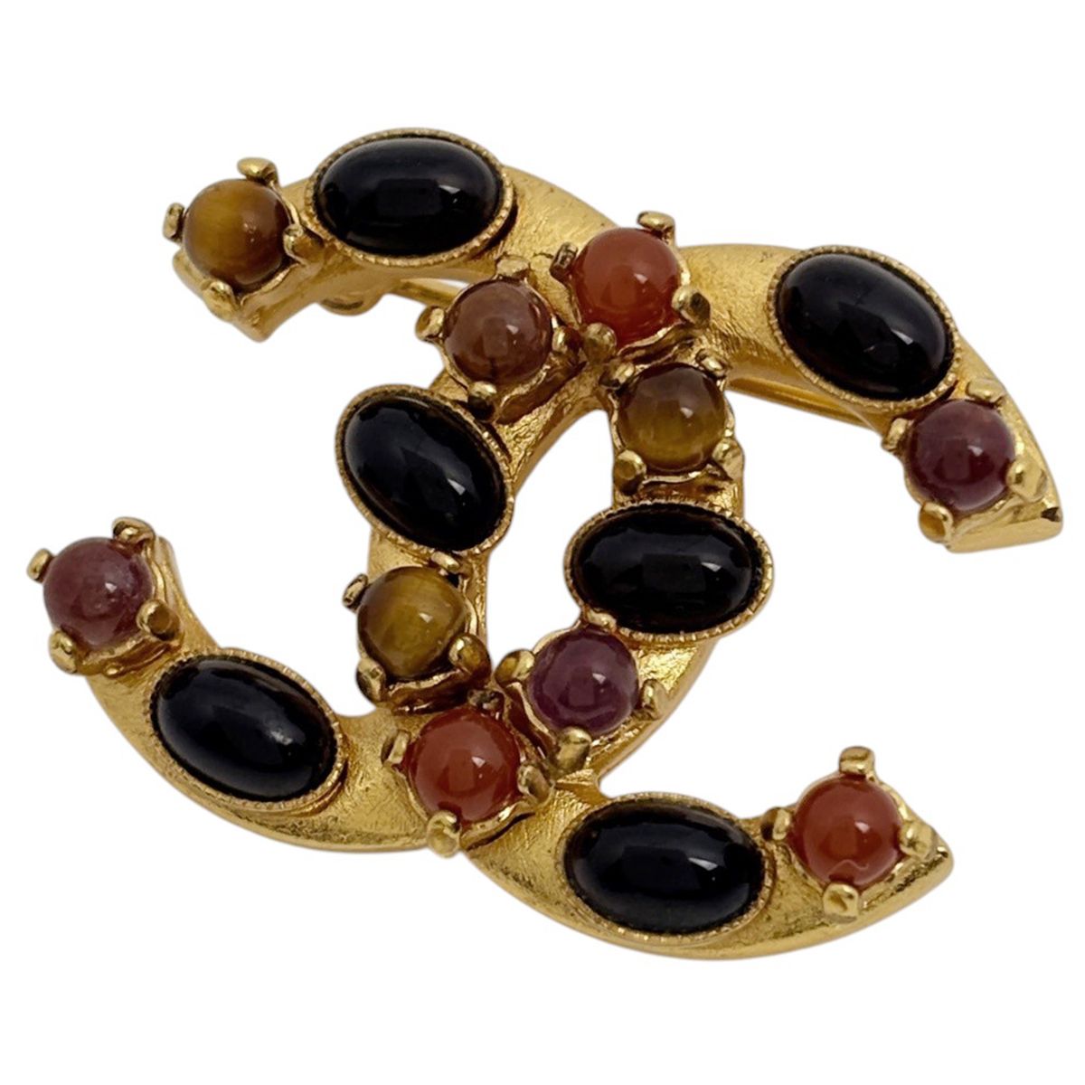 Chanel Brooch CC Logo Color Stone Gold
