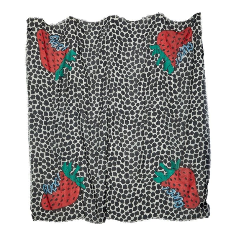 Gucci Dot Pattern Strawberry Scarf Large Black White Multicolor Rayon Silk