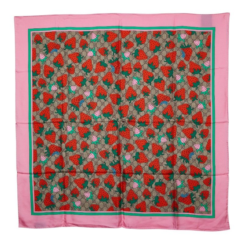 Gucci GG Logo Strawberry Pattern Scarf Large Pink Multicolor Silk