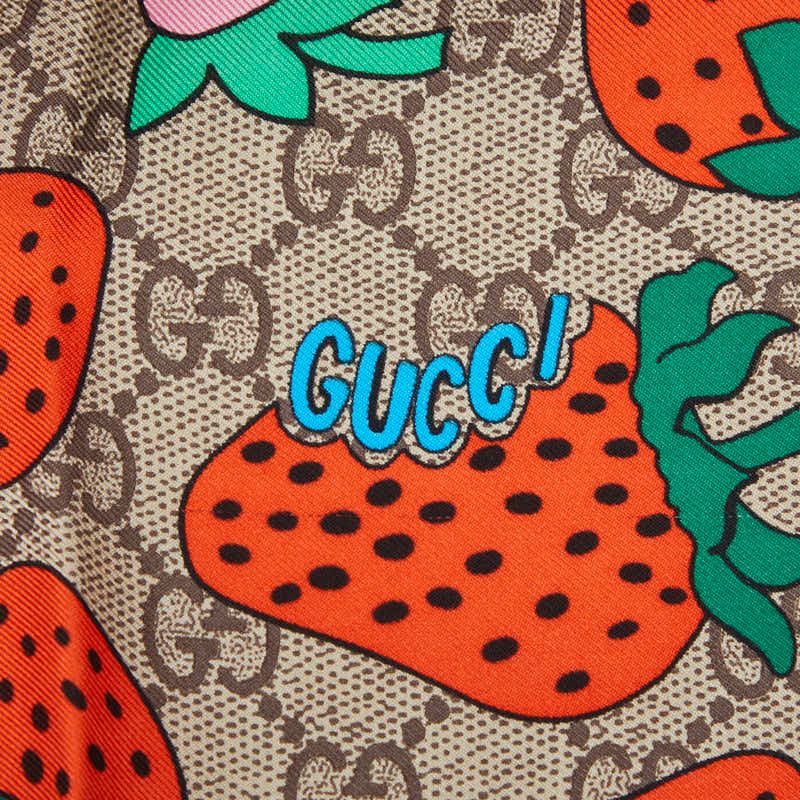 Gucci GG Logo Strawberry Pattern Scarf Large Pink Multicolor Silk — view 2
