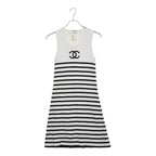 Chanel CC Logo Sleeveless Border Knit Dress 36 White Black Cotton