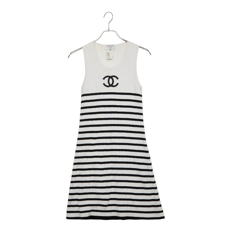 Chanel CC Logo Sleeveless Border Knit Dress 36 White Black Cotton