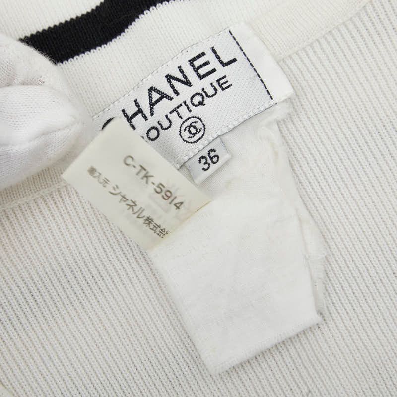 Chanel CC Logo Sleeveless Border Knit Dress 36 White Black Cotton — view 7
