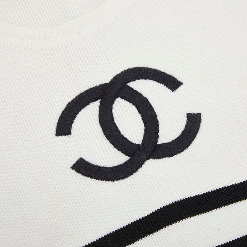 Chanel CC Logo Sleeveless Border Knit Dress 36 White Black Cotton — view 5