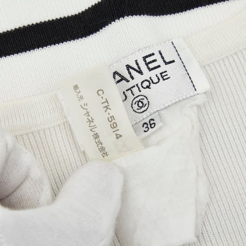 Chanel CC Logo Sleeveless Border Knit Dress 36 White Black Cotton — view 8