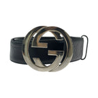 Gucci Guccissima Interlocking 85 Black Silver Leather Belt Buckle