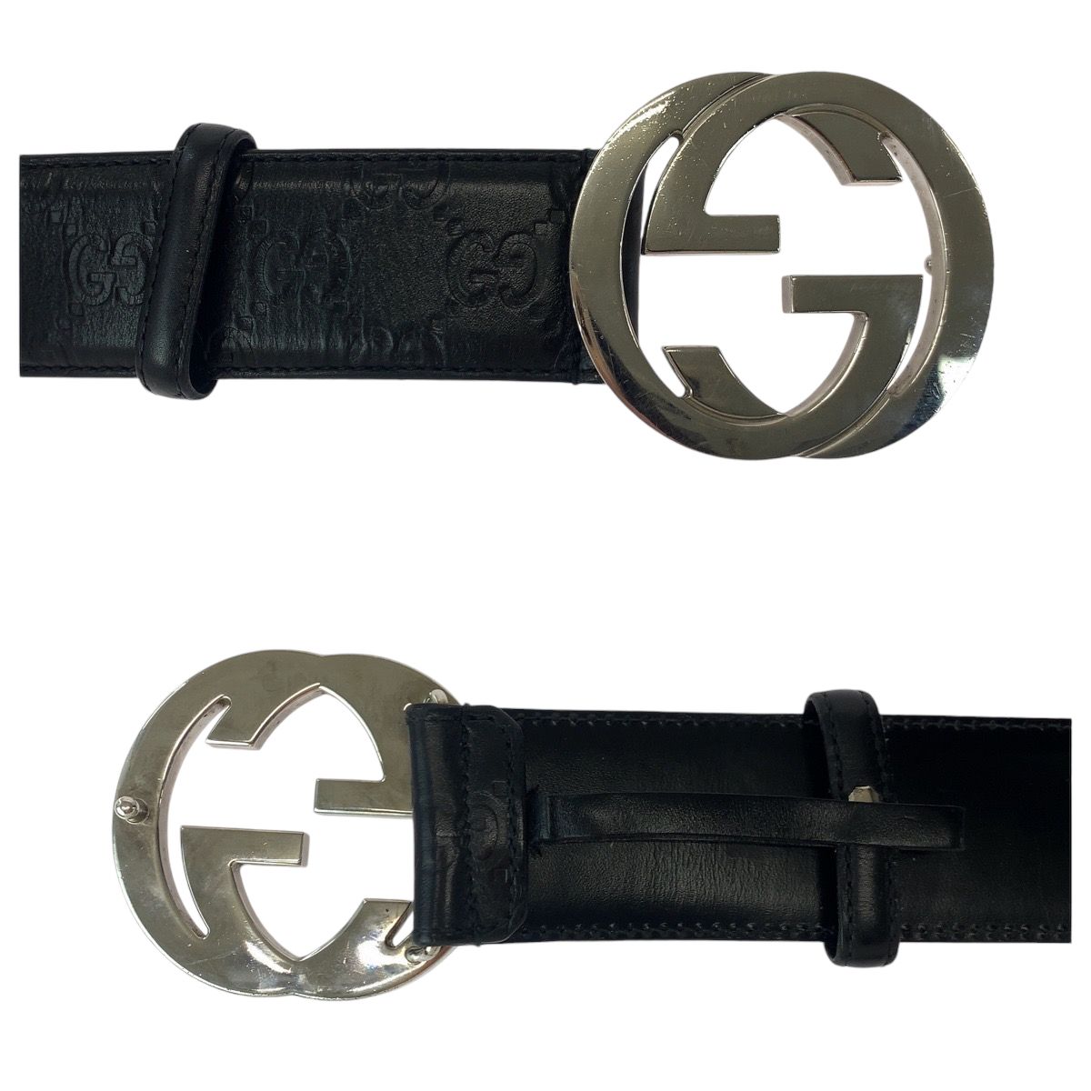 Gucci Guccissima Interlocking 85 Black Silver Leather Belt Buckle — view 4