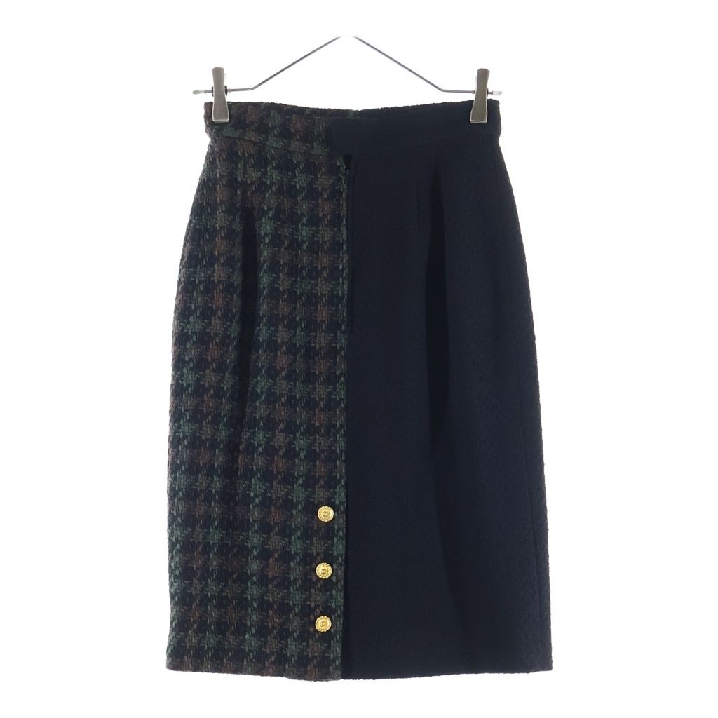 Chanel Coco Button Wool Tweed Set Vintage Tight Skirt 38 Black Green Brown — view 2