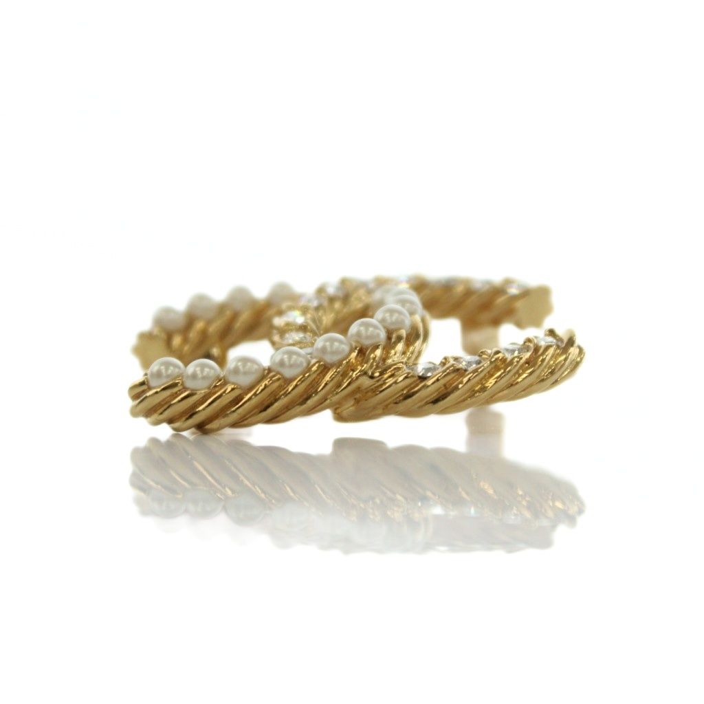 Chanel CC Logo Faux Pearl Rhinestone Brooch Pin Badge Gold Color BB — view 4