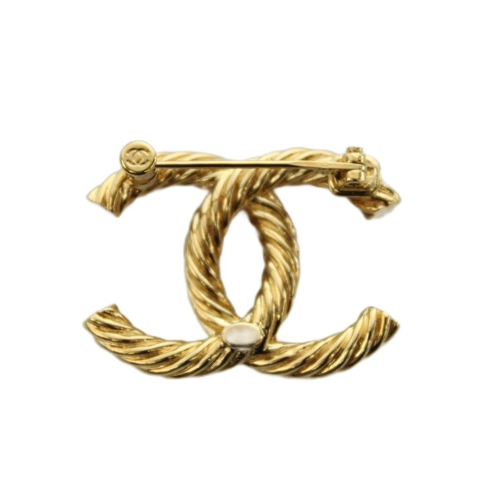 Chanel CC Logo Faux Pearl Rhinestone Brooch Pin Badge Gold Color BB — view 2