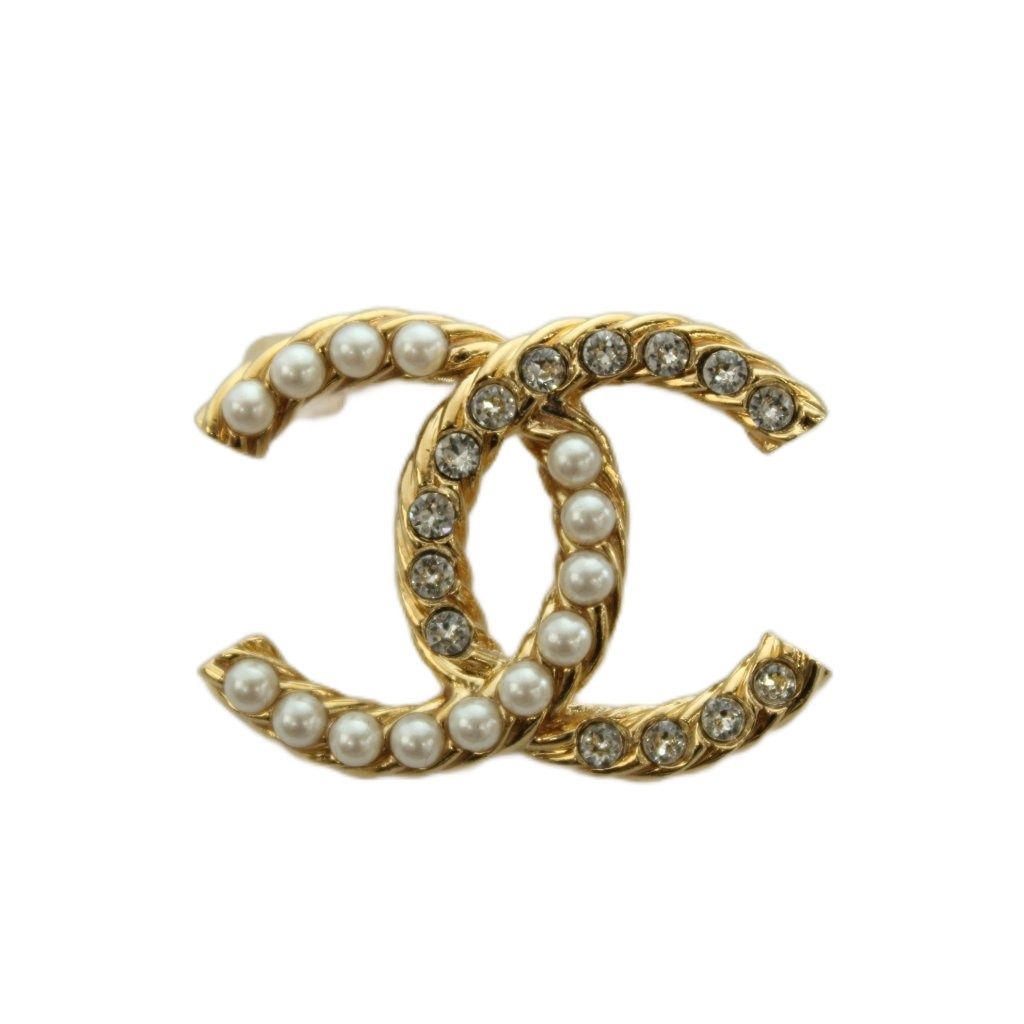 Chanel CC Logo Faux Pearl Rhinestone Brooch Pin Badge Gold Color BB