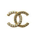 Chanel CC Logo Faux Pearl Rhinestone Brooch Pin Badge Gold Color BB
