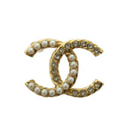 Chanel CC Logo Faux Pearl Rhinestone Brooch Pin Badge Gold Color BB