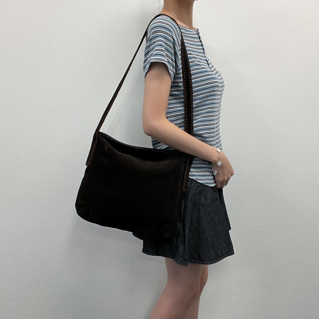 Bottega Veneta Intrecciato Trim Shoulder Bag Suede Dark Brown Vintage — view 2