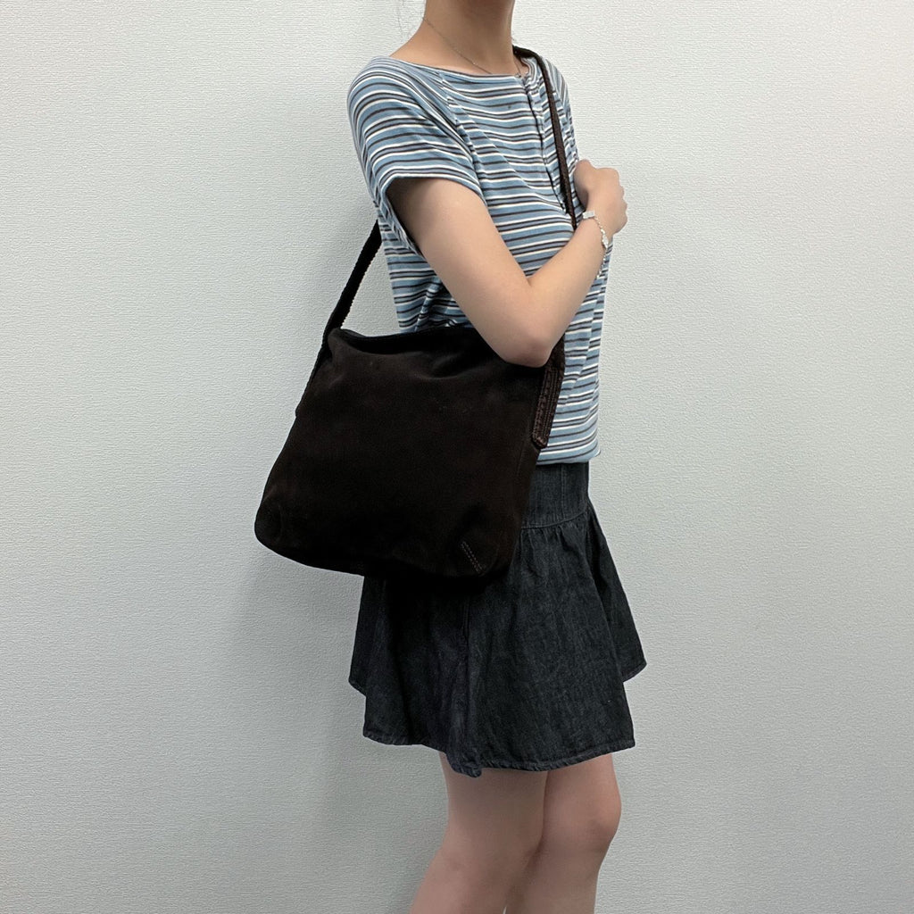 Bottega Veneta Intrecciato Trim Shoulder Bag Suede Dark Brown Vintage