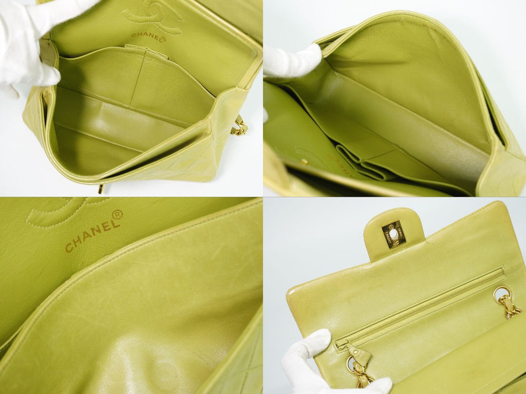 Chanel CC Logo Quilted 23 Double Flap Chain Shoulder Bag Lambskin Leather Green — view 8