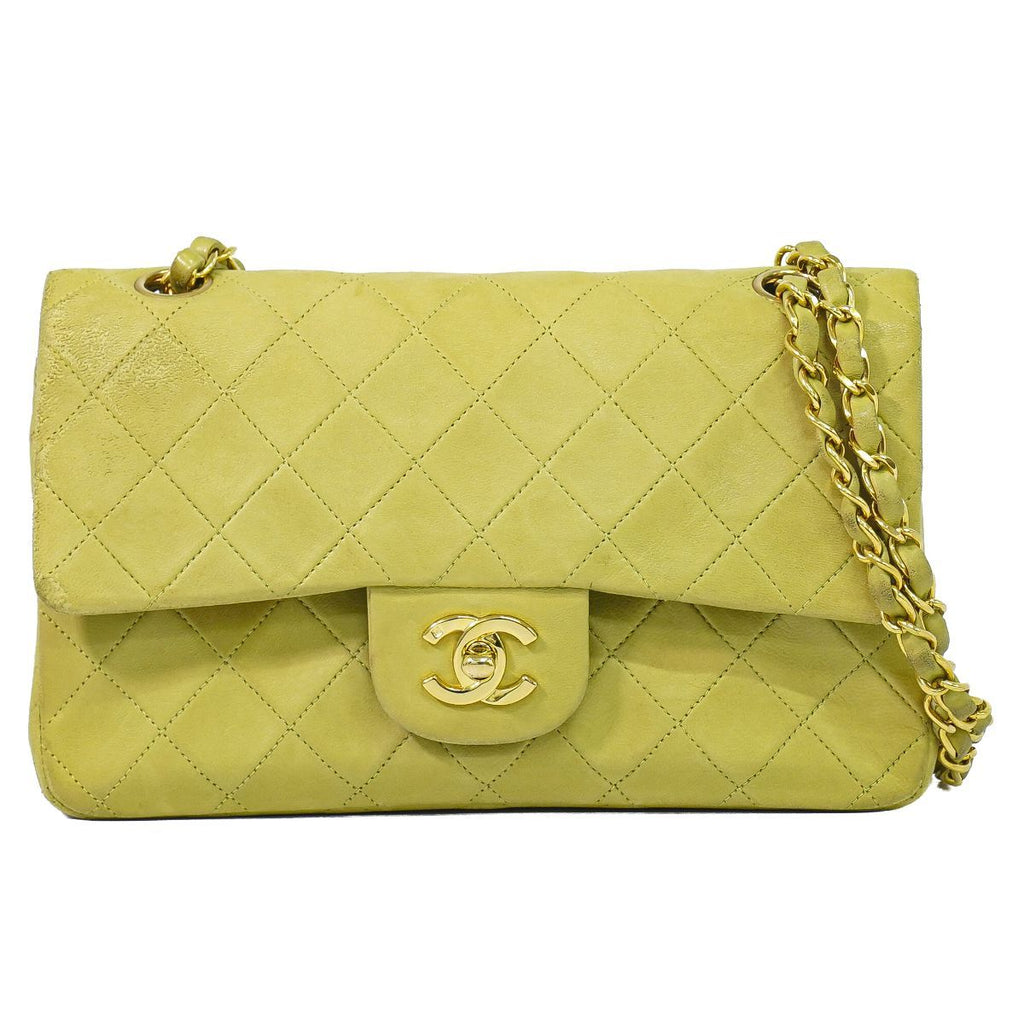 Chanel CC Logo Quilted 23 Double Flap Chain Shoulder Bag Lambskin Leather Green