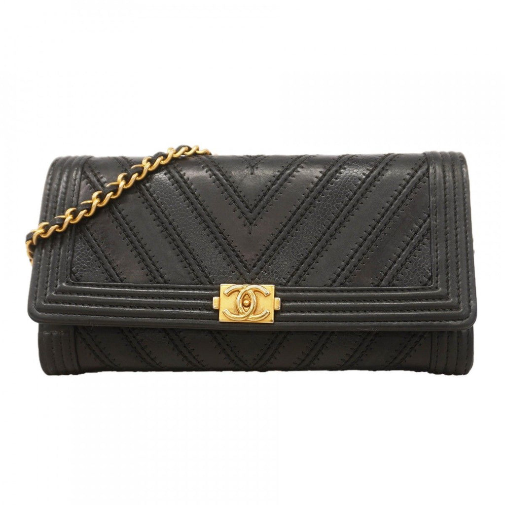 Chanel Shoulder Wallet Boy Blanc Leather Black Gold