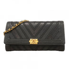 Chanel Shoulder Wallet Boy Blanc Leather Black Gold
