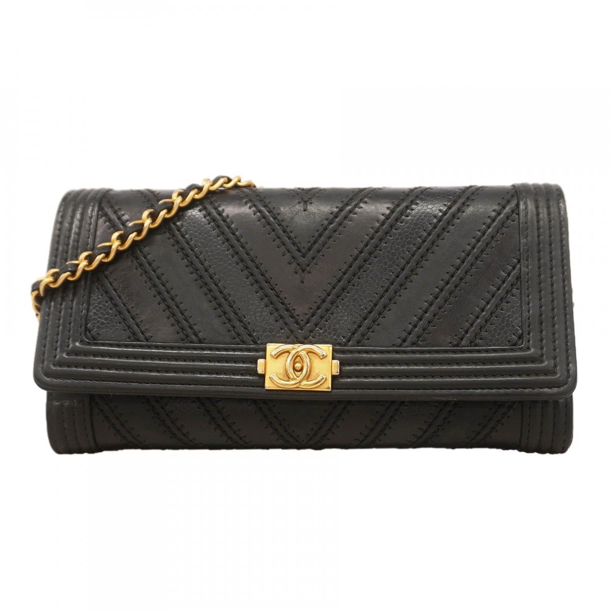 Chanel Shoulder Wallet Boy Blanc Leather Black Gold
