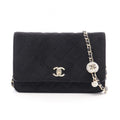 Chanel Shoulder Bag Quilted Rhinestone Black Fabric Chain Wallet