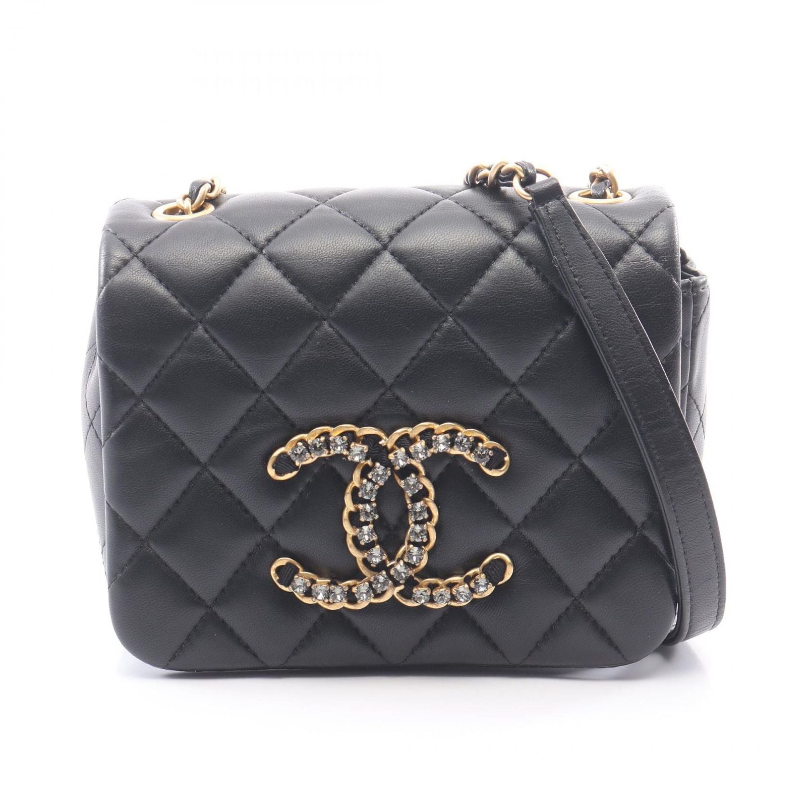 Chanel Shoulder Bag Quilted Black Lambskin Mini Crystal Coco Chain