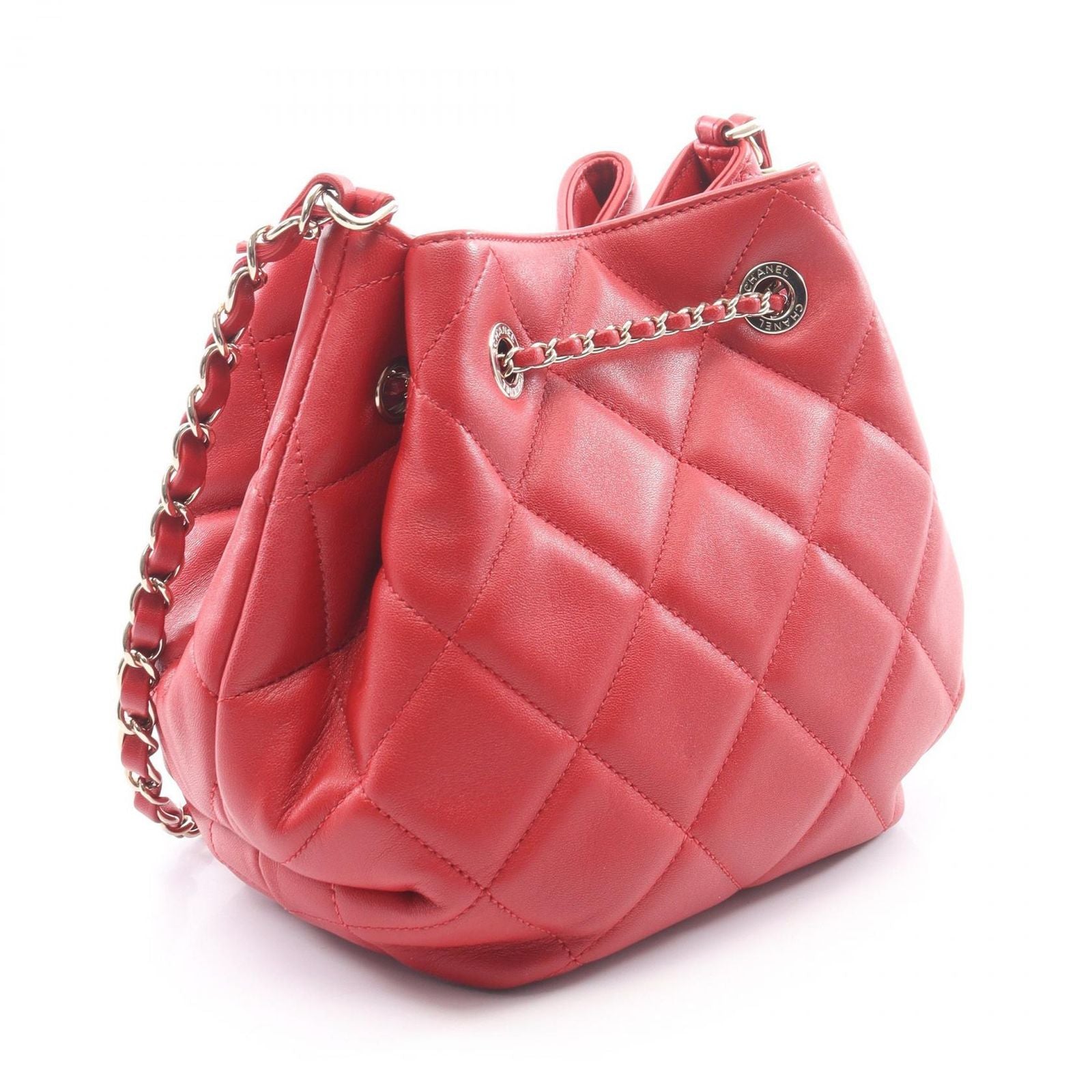Chanel Shoulder Bag Quilted Red Lambskin Drawstring Bucket Bag AS1801 — view 2